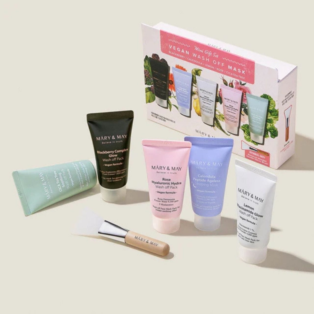 Mary&May Vegan Wash Off Face Mask Set + Brush - 5 x 30 g